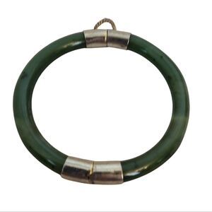 Vintage Green Jade Bangle Bracelet with Gold-Tone Safety Clasp